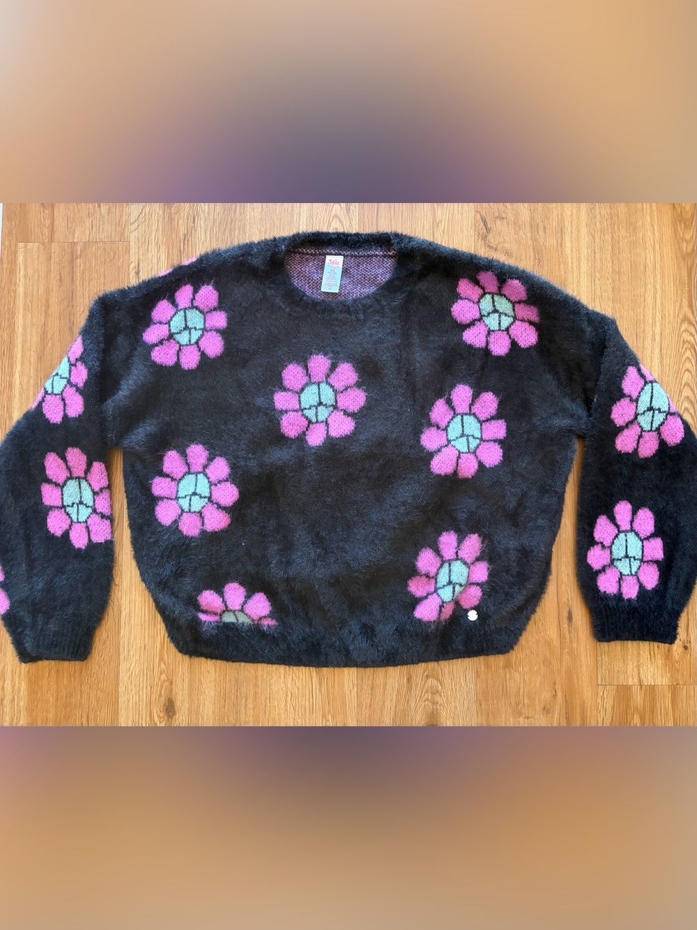 Justice Black Fuzzy Crewneck Sweater with Pink & Mint Floral Motif